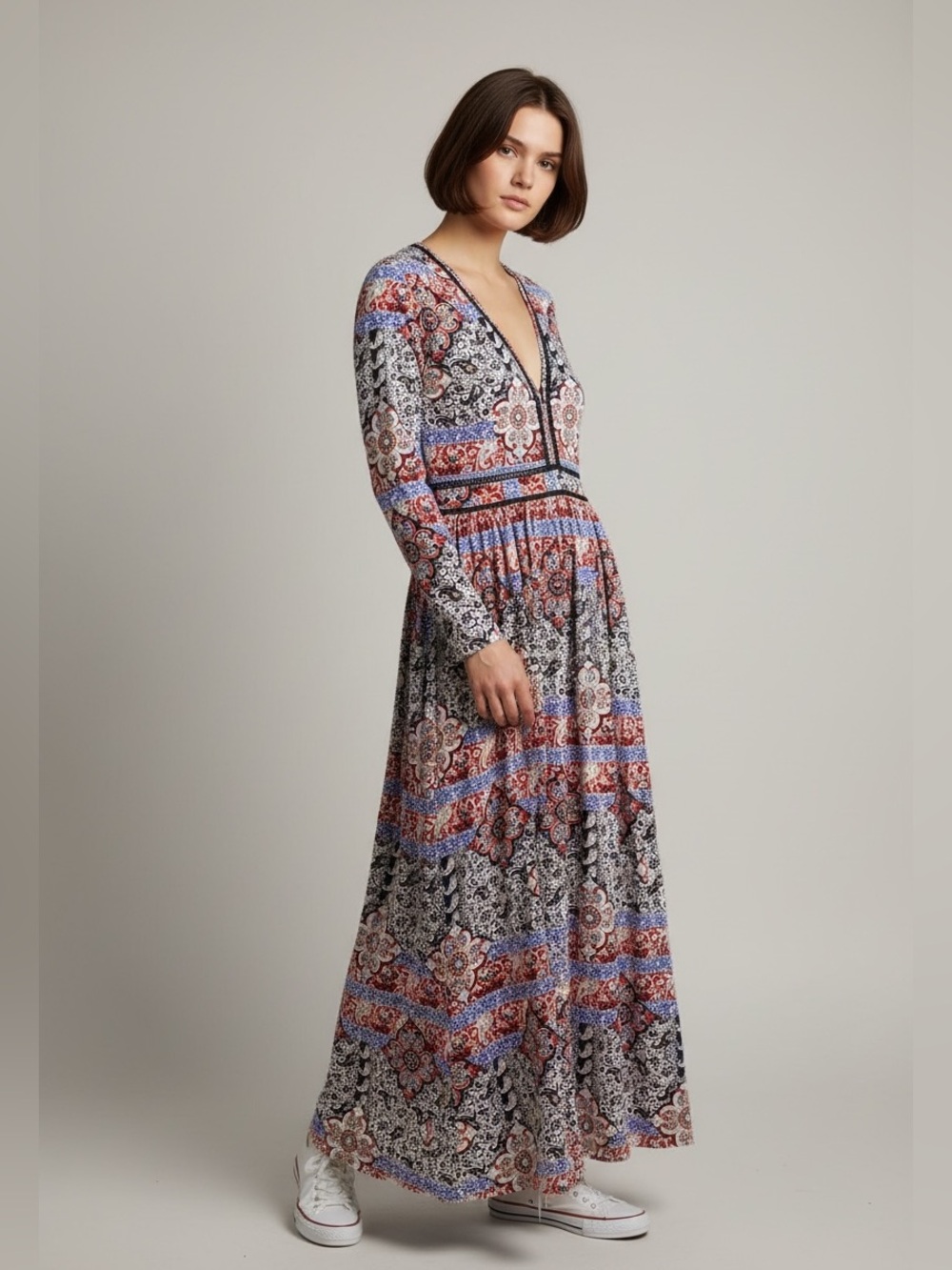 L'AGENCE Teresa Boho Babushka Floral Paisley Print V-Neck Maxi Dress